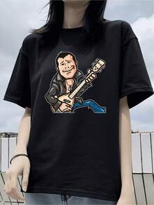 Camiseta negra informal de manga corta con cuello redondo para hombre,Camisetas Para Mujer Camiseta moderna original estilo rockero personaje guitarra diseño gráfico casual cómico perfecto para fans de la música adolescentes y adultos negro talla única categoría moda palabras clave populares - Negro - Ver 6