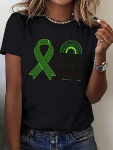 Women's Casual Sports T-Shirt In Black With Green Ribbon Design - Elastic Round Neck T-Shirt, Machine Washable, Comfortable Fit For All Seasons, For A Fun And Casual Style. - 黑色 - 查看 6