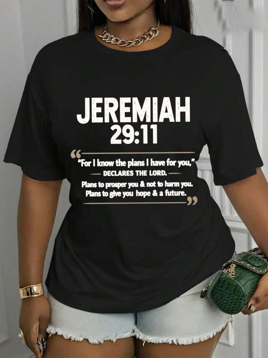 Women's Casual Sports T-Shirt In Black With White Bible Text - Elastic Crew Neck T-Shirt, Machine Washable, Comfortable Fit, For All Seasons, Perfect To Match With Denim Shorts. - 黑色 - 查看 1