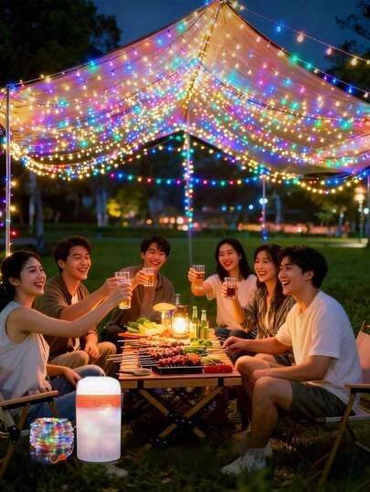 1 dải đèn LED cắm trại sạc USB, dài khoảng 100cm, có chức năng đèn pin, hỗ trợ sạc điện thoại, pin 1200mAh, thích hợp dùng làm đèn LED ngoài trời, sân vườn, lều, xe hơi, quà tặng sinh nhật, tạo hiệu ứng bầu trời sao.