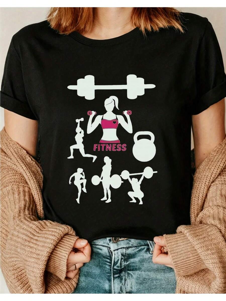 Women's Casual Sports T-Shirt With Gym Activity Silhouettes - Black Elastic Crew Neck T-Shirt, Machine Washable, Comfortable Fit For All Seasons, Perfect For Fitness Enthusiasts And Casual Style. - 黑色 - 查看 1