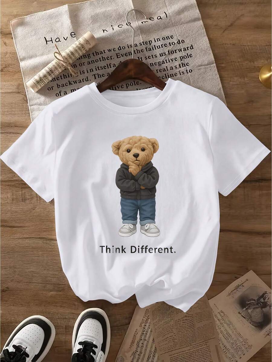 Women's Casual T-Shirt With Cartoon Bear Print - "THINK Different" Print, Soft And Stretchy, Round Neck And Short Sleeves, Ideal For The Gym And Outdoor Activities - Available In Multiple Colors And Sizes, Cute And Printed T-Shirt, Stretchy Fabric, Fashionable Printed Top 180g 100% Cotton. - 白色 - 查看 1