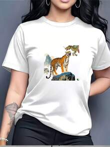 180g T-Shirt With A Modern Tiger And Dragon Design, A Great Choice For Family Gifts During The Holidays And For Team-Building Activities At The Office. | Summer Essentials For Men And Women | The Perfect Choice For Memorial Day And Independence Day Celebrations. - 白色 - 查看 7