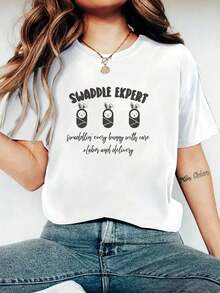 New 2026 Collection: Cotton T-Shirt - 1 Piece Women's Printed T-Shirt With Creative And Modern Easter Design, Suitable For All Seasons_0277. Comfortable And Vibrant Retro Design T-Shirt, Suitable For Women. Casual Short Sleeve T-Shirt For Women, Standard Size, Basic T-Shirt. - 白色 - 查看 1