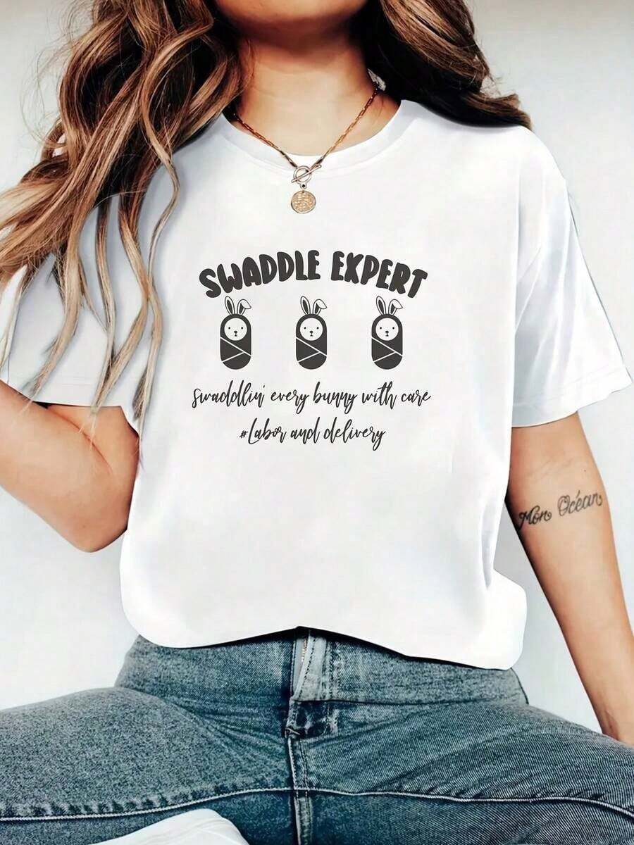 New 2026 Collection: Cotton T-Shirt - 1 Piece Women's Printed T-Shirt With Creative And Modern Easter Design, Suitable For All Seasons_0277. Comfortable And Vibrant Retro Design T-Shirt, Suitable For Women. Casual Short Sleeve T-Shirt For Women, Standard Size, Basic T-Shirt. - 白色 - 查看 1