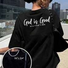 New 2026 Collection: Women's Cotton T-Shirt With Front And Back Prints, Featuring The "God Is Good" Design. A Casual, Short-Sleeved, Crew-Neck T-Shirt For Women, Suitable For Workouts In All Seasons And Everyday Wear, With A Fun Printed Design. - 黑色 - 查看 8