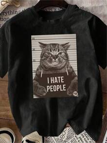 100% Algodón Premium 180g : Camiseta única con diseño divertido de gato rebelde que expresa su desagrado por las personas perfecta para los amantes de la moda y la cultura y2k ideal para destacar en cualquier ocasión. Consigue ya esta camiseta de alta calidad y muestra tu personalidad con estilo.. Ropa de Moda Casual Suave y Transpirable para Diario - Negro - Ver 1