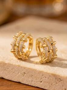 CHICAT French Vintage Multi-Layer Woven Texture Micro-Inlaid Synthetic Zirconia Hoop Earrings, Elegant Micro-Inlaid CZ Exaggerated Statement Earrings, Women's Hollow Geometric High-End Niche Versatile Earrings - Gold - View 7
