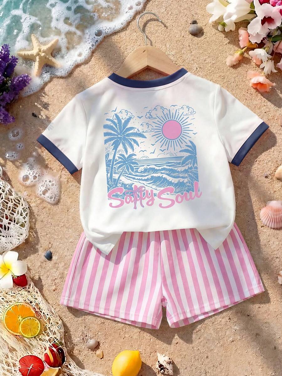 Set de 2 piezas: Camiseta de estilo de bloque de color con sal marina fresca + Pantalones cortos a rayas para niña, conjunto de moda de verano - Azul Marino - Ver 1