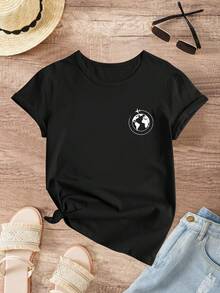 Women's Oversized Short Sleeve T-Shirt - Summer Blouse With Round Neck And Earth Travel Print - Casual Loose Fit T-Shirts Suitable For Travel And Casual Wear - Comfortable Machine Washable Top - 黑色 - 查看 1