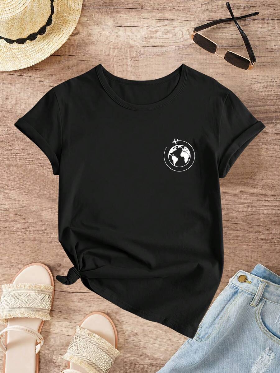 Women's Oversized Short Sleeve T-Shirt - Summer Blouse With Round Neck And Earth Travel Print - Casual Loose Fit T-Shirts Suitable For Travel And Casual Wear - Comfortable Machine Washable Top - 黑色 - 查看 1