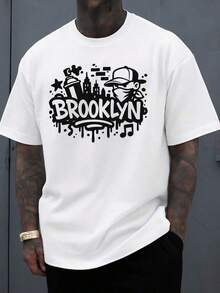 Brooklyn Graffiti T-Shirt For Men, High Quality White, Urban Hip-Hop Style, Casual Sportswear, Crew Neck, Regular Fit, Short Sleeve, Machine Washable, Perfect For Outdoor Activities In All Seasons - 白色 - 查看 6