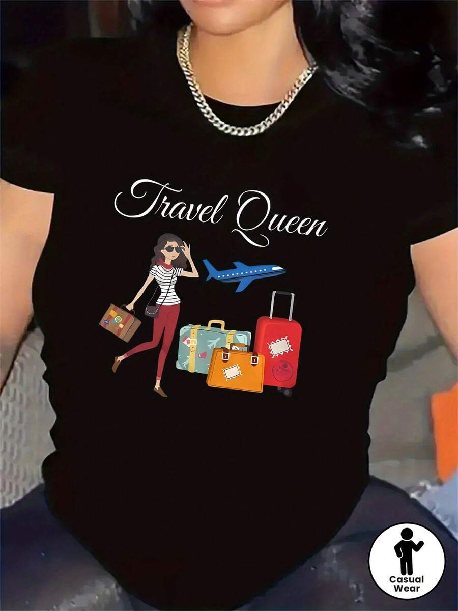 Travel Queen Design Short Sleeve T-Shirt | Suitable For Outdoor Adventures, Lightweight And Durable, Ideal For Casual Wear In The Dining Room Or Living Room, Comfortable Fit With Stylish Prints, Round Neck, Medium Stretch Fabric. - 黑色 - 查看 1