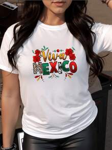 Camiseta de mujer con estampado Viva México y rosas,diseño casual y moderno,ideal para el día a día. - Blanco - Ver 7