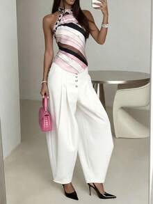Vintage Elegant Sexy Halter Backless Tie Satin Abstract Print Summer Blouse For Women - Pink - View 7