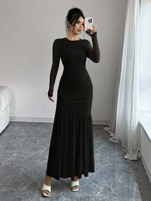 Vestido largo de manga larga con cuello redondo y malla para mujer, vestido casual de otoño.Adecuado para ropa de otoño, atuendo de regreso a clases, atuendo de maestro - Negro - Ver 4