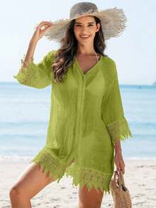 Swim Vcay Kimono cubrecuerpo para damas de un solo color con aplicaciones de encaje y botones delanteros - Verde Oliva - Ver 1