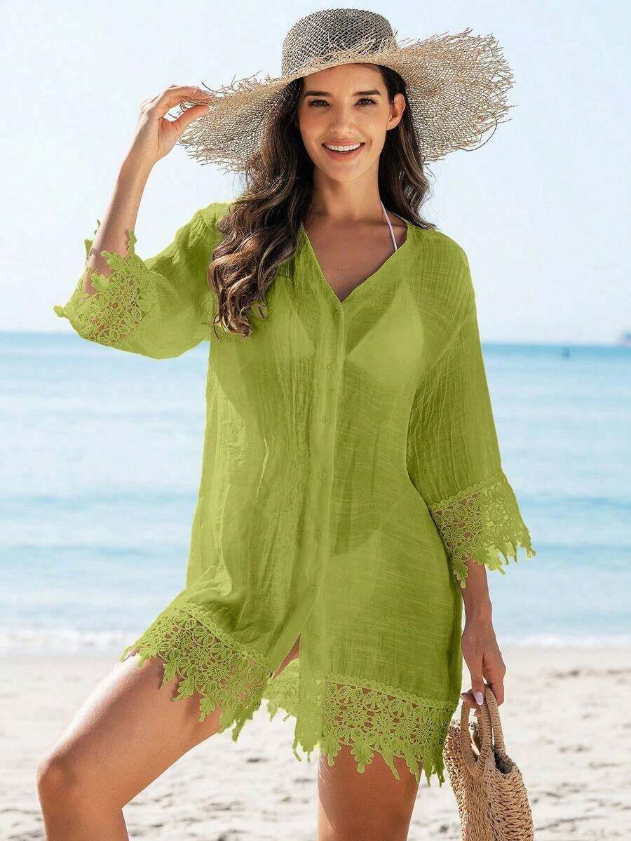 Swim Vcay Kimono cubrecuerpo para damas de un solo color con aplicaciones de encaje y botones delanteros - Verde Oliva - Ver 1