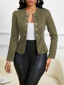 Lady Chaqueta abierta con detalles de botones en ante negro para otoño/invierno - Verde militar - Ver 7