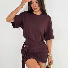 PETITE Vestido camiseta con detalle de anillo de drapeado, falda ajustada, hombros cuadrados, corte holgado, estilo urbano, lindo, elegante, casual, sexy, para salir, otoño, Navidad, Acción de Gracias, elegante - Marrón - Ver 5