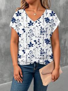 Blusa informal de talla grande con cuello en V, mangas tipo murciélago y estampado floral para el verano, ideal para vacaciones - Multicolor - Ver 9