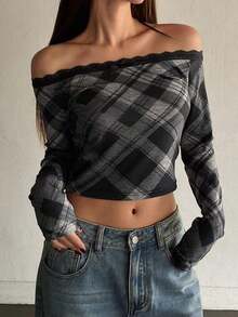 Camiseta ajustada para mujer con hombros descubiertos, con encaje y lazo de contraste, manga larga, top con hombros descubiertos - Gris 2 - Ver 4