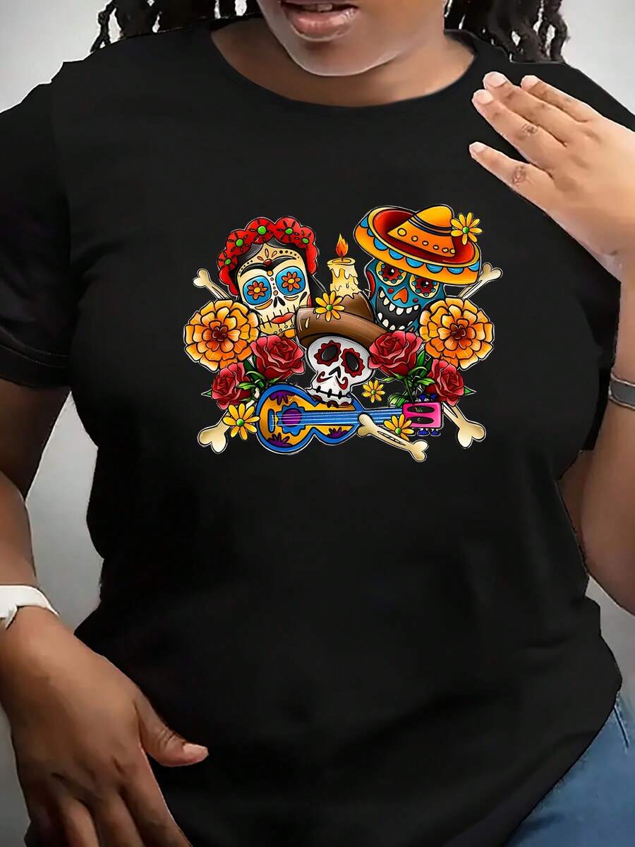 Women's Casual Short Sleeve T-Shirt - Day Of The Dead Skull, Hat And Maracas Print With Roses, Gray Crew Neck, Machine Washable Summer Top, Mexican T-Shirt - 黑色 - 查看 1