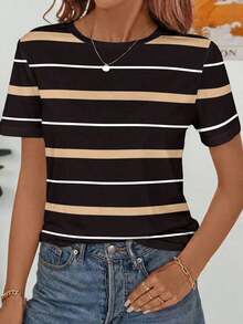 Camiseta de manga corta holgada con cuello redondo, estilo asimétrico a rayas, minimalista y casual, para mujer.Versátil y adecuada para primavera/verano y temporada deportiva - Multicolor 14 - Ver 4