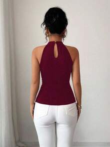 Blusa de mujer elegante de moda nueva para el verano con decoración de encaje bordado, cuello en V, bajo irregular sin mangas, silueta ajustada, adecuada para vacaciones, citas, actividades diarias, fiestas - Burdeos - Ver 2