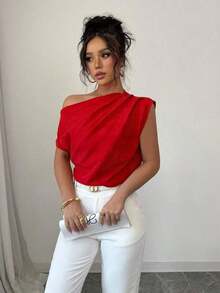Blusa casual suelta de color liso con pliegues en el hombro oblicuo para mujer - Rojo - Ver 6