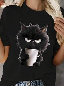 1 Pieza Camiseta Unisex Holgada 180g 100% Algodón Puro, Camiseta única con diseño de gato negro enfadado sosteniendo una taza ideal para amantes de los felinos perfecta para el estilo Y2K destaca por su originalidad y humor lúdico hecha con materiales de alta calidad disponibilidad limitada no te quedes sin la tuya ideal para uso diario, festivales, conciertos y todas las estaciones - Negro - Ver 6
