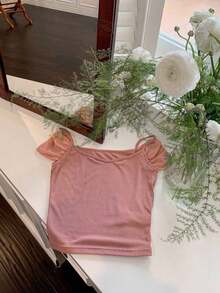 Camiseta ajustada de mujer con hombros abiertos y fruncidos de unicolor elegante, top de verano para salir - Rosa Pálido - Ver 7