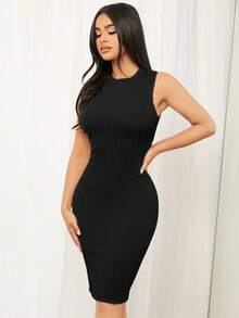 Vestido ajustado unicolor tejido de cable - Negro - Ver 7