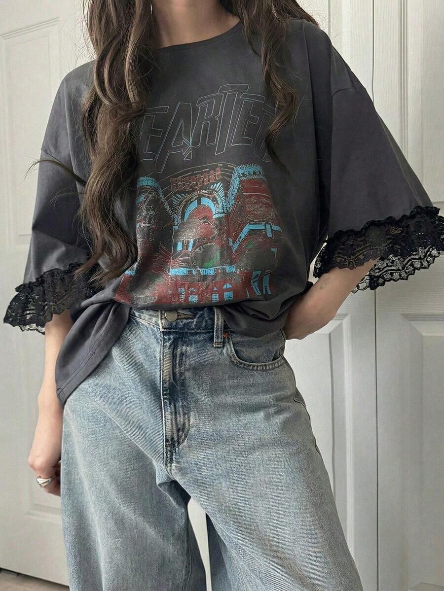 Camiseta de manga corta para mujer con ajuste holgado, estampado de letras, parches de encaje, de mezcla de algodón transpirable, versátil para primavera/verano - Gris 7 - Ver 1