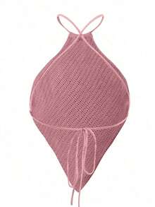 Blusa de punto de mujer de verano con cuello halter, dobladillo asimétrico y unicolor - Rosa - Ver 2