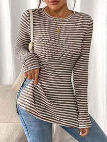 Frenchy Camiseta de manga larga a rayas de estilo informal para mujer con bajo con abertura, para primavera y otoño - Caqui - Ver 3