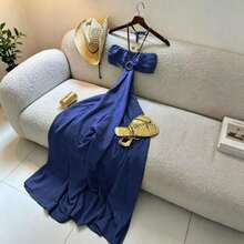 Vestido midi de estilo vacacional para mujer, vestido con tirantes de espagueti, estampado, espalda descubierta y calado, elegante para fiestas de verano - Azul - Ver 3