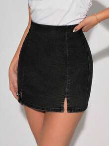 Tall Falda pantalón de mezclilla casual y de uso diario con abertura lateral, para verano - Negro - Ver 4