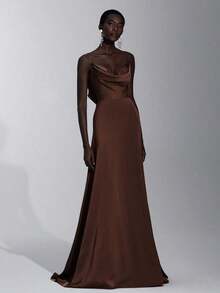 Elegante y Lujoso Vestido de Dama de Honor sin Espalda con Volantes - Café integral - Ver 7