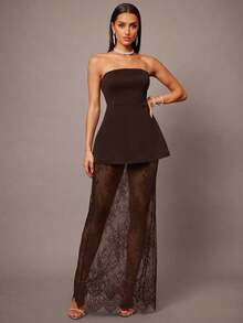 Set de 2 piezas con top corto tipo bustier negro y minifalda con dobladillo de encaje, adecuado para citas, graduaciones, conciertos, vestidos de dama de honor, bodas, ocasiones románticas, estilo minimalista, conjunto elegante para uso diario - Café integral - Ver 6