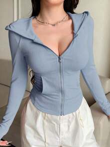 Sudadera con cremallera para el Día de San Valentín, camiseta ajustada de manga larga para mujer - Azul - Ver 2