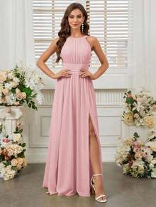 Belle Vestido de dama de honor con cuello de halter de unicolor, cintura imperio y abertura frontal alta.Elegante vestido color púrpura claro para boda. - Rosa - Ver 6