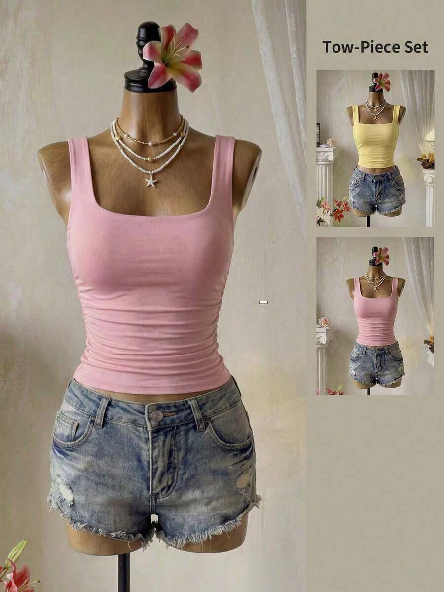 Conjunto de dos piezas de camiseta de tirantes ajustada en verde y blanco, estilo sexy de club, atuendo de festival y carnaval, atuendo de cumpleaños de mujer, atuendo romántico para citas, atuendo de concierto, esencial para fiestas, atuendo diario, atuendo deportivo casual, estilo de vacaciones - Multicolor 3 - Ver 1