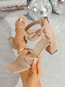 Sandalias elegantes y glamorosas con tacón grueso de punta cuadrada y decoradas con rhinestones, adecuadas para banquetes y fiestas, de moda y versátiles - Albaricoque - Ver 5