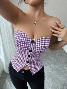 Top corto sin mangas con botones delanteros y estampado de pata de gallo, para uso en oficina o viajes, de moda para el verano - Morado Violeta - Ver 5
