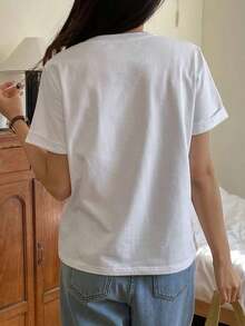 Camiseta casual sencilla de color liso para mujer, uso diario de moda, nueva llegada de otoño - Blanco 2 - Ver 2