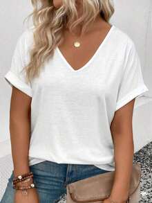Selamara Camiseta casual versátil de talla grande con diseño de encaje y parches, nueva llegada para primavera/verano para mujeres - Blanco - Ver 1