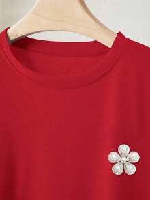 Camiseta de manga corta casual con cuello redondo, decorada con perlas falsas y rhinestones - Rojo - Ver 4