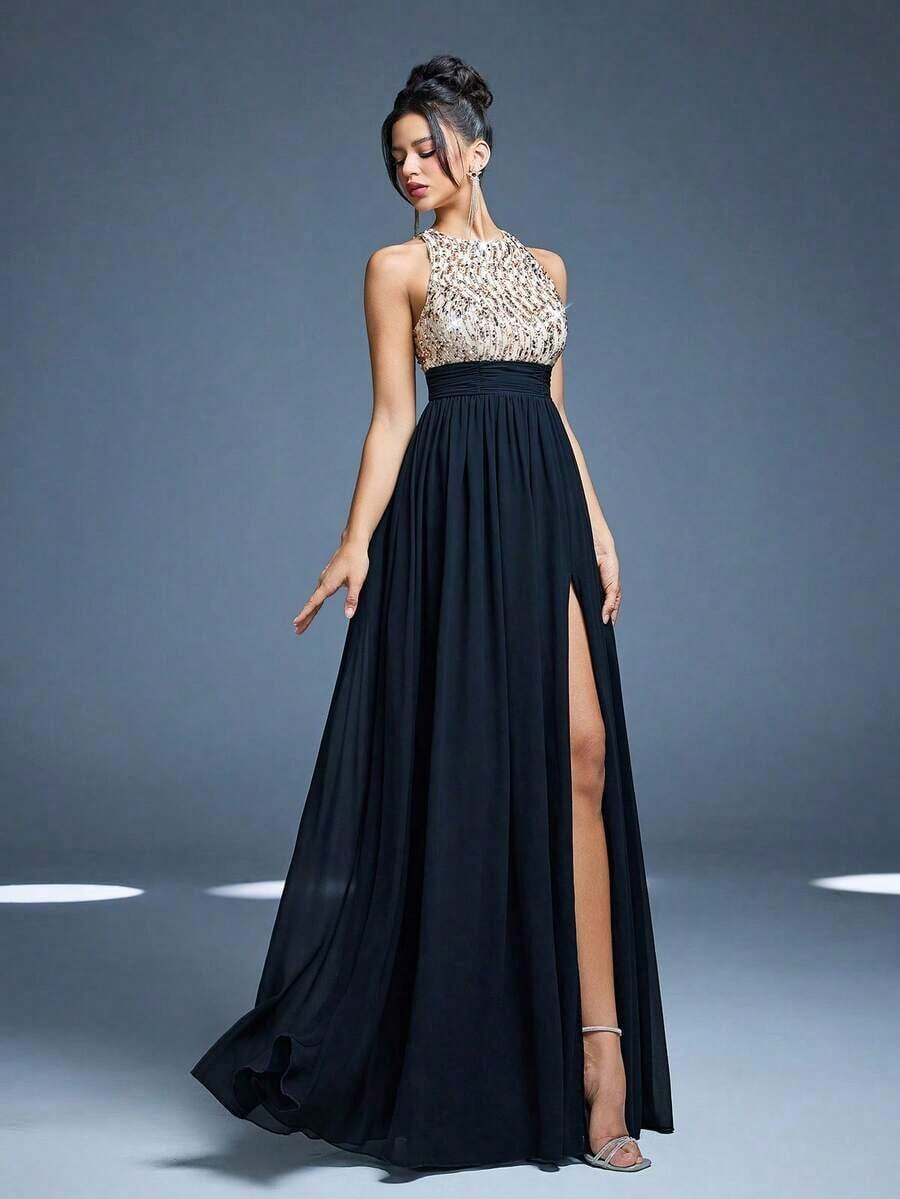 Vestido de noche de cuello redondo y halter nuevo de , vestido de gasa con abertura alta y parches de lentejuelas para fiesta - Negro - Ver 1