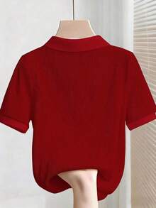 Camisetas de manga corta de unicolor casual para mujer - Rojo - Ver 2
